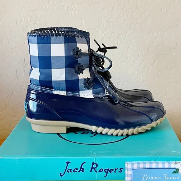 Jack Rogers Draper James 6 Chloe Midnight Blue White Gingham Check Boots Rare! - Picture 5 of 9